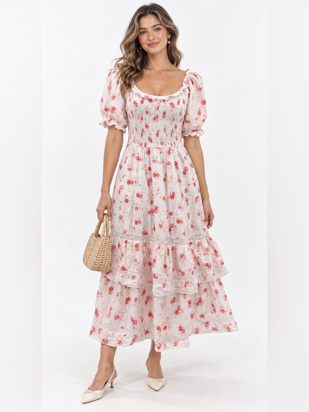 Loveshackfancy X target smocked puff sleeve floral cotton maxi dress M coquette